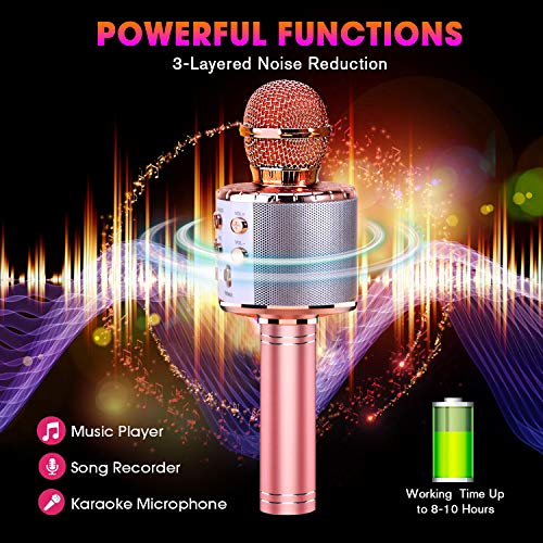 BlueFire Microphone karaoké Bluetooth avec enregistrement et éclairage dynamique microphone à main sans fil portable avec hautparleur pour adultes et enfants compatible avec Android IOS et PC Or rose