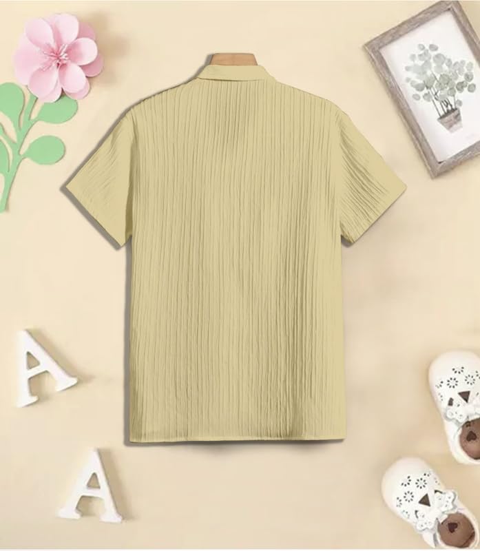 Image of Boy's Kids Regular Fit Solid Pattern Cotton Blend Shirt with Collared Neck Short Sleeve Button Down Closure Type and Standard Length | Boys Cotton T-Shirts Set | Shirt for Boy