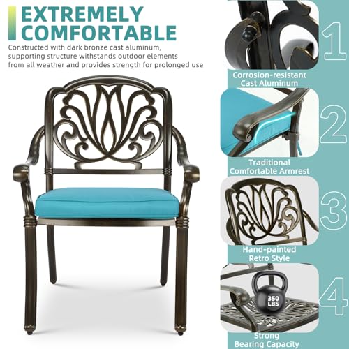 Image of MEETWARM 7-Piece Outdoor Patio Dining Set, 6 Outdoor Dining Cushioned Chairs and 1 Rectangle Table with 2 inch Umbrella Hole, All Weather Cast Aluminum Patio Funiture Set for Backyard, Ocean Blue