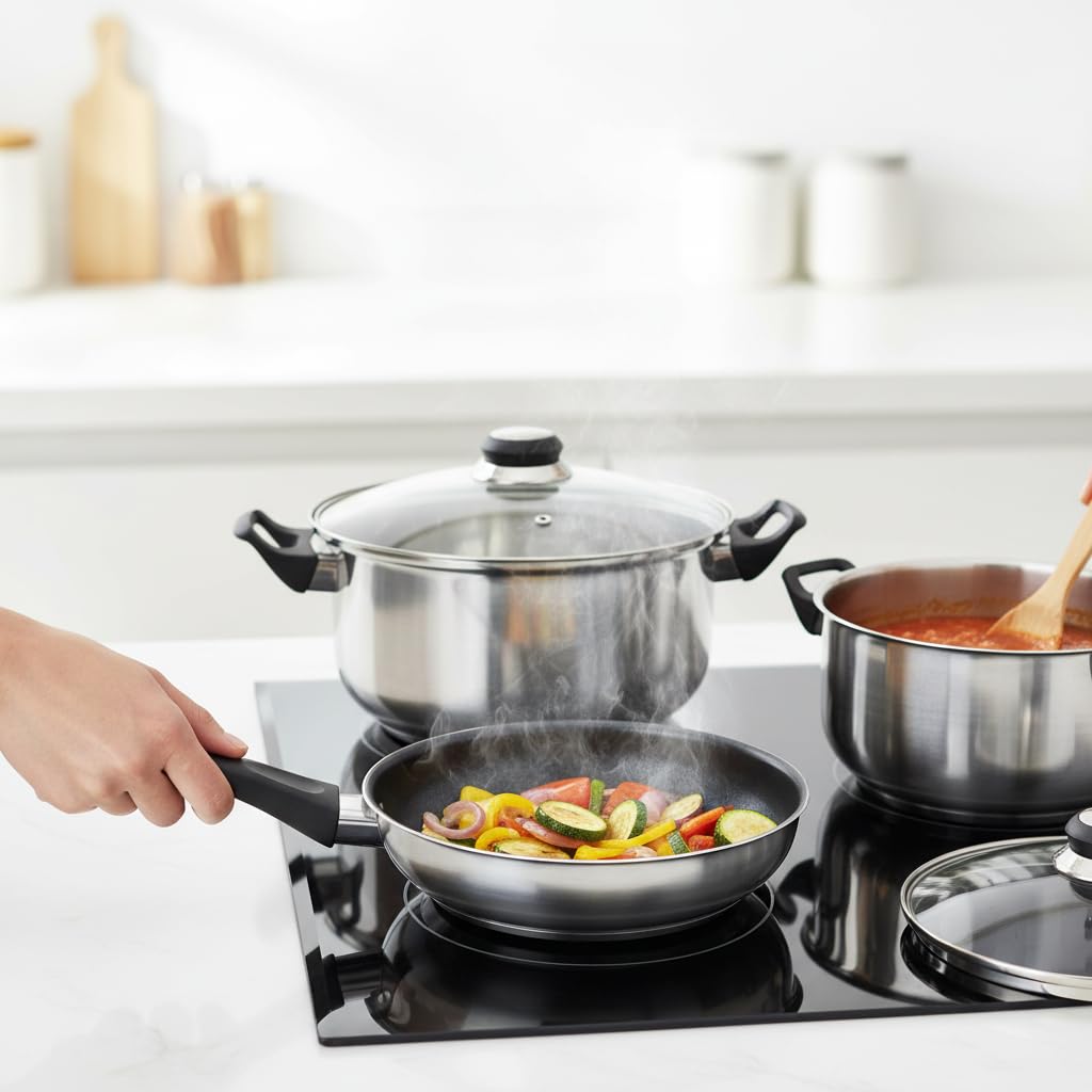Quttin | Batería de Cocina de 12 Piezas de Acero Inoxidable Apta para Inducción, Gas y Vitrocerámica - Juego de 4 Ollas, 1 Cazo y 1 Sartén con Tapas de Cristal, Perfecta para Todas las Cocinas