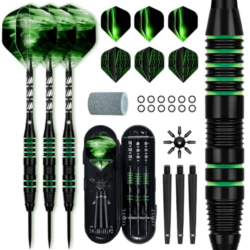 XAWU Dart-Set mit Stahlspitze, professionelles Dart-Set, 22 g, mit 9 Dart-Flights, 3 Aluminium-Schäften, 3 Ersatzschäften, 1 Dartschärfer, 12 Gummi-O-Ringen, Flightschutz, 3 Stück