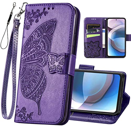 KRHGEIK for Motorola One 5G Ace Phone Wallet Case,Women Butterfly Embossed PU Leather Kickstand Card Holder Slots Wrist Strap Flip Cover for Motorola Moto One 5G Ace 6.7',Purple