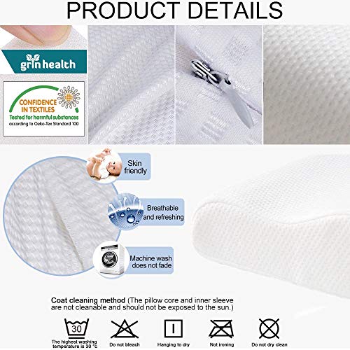 Image of Grin Health Cervical Pillow for Neck Pain Relief, Dual-Height Contour Pillow for Spondylitis Neck, Back & Side Sleepers- Orthopedic Memory Foam Pillow for Sleeping (Slim)