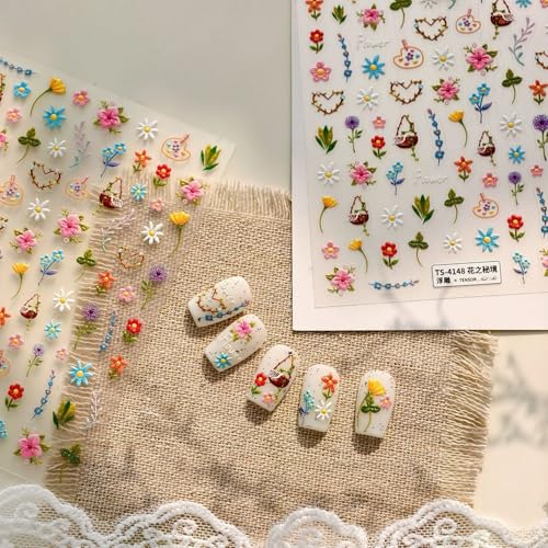 Image of Flower Nail Art Stickers Colorful Floral Nail Stickers Leaf Plant with Design 5D Embossed Self Adhesive Nails Decals Charms for Women Manicure Decoration Accessories 1 Sheets