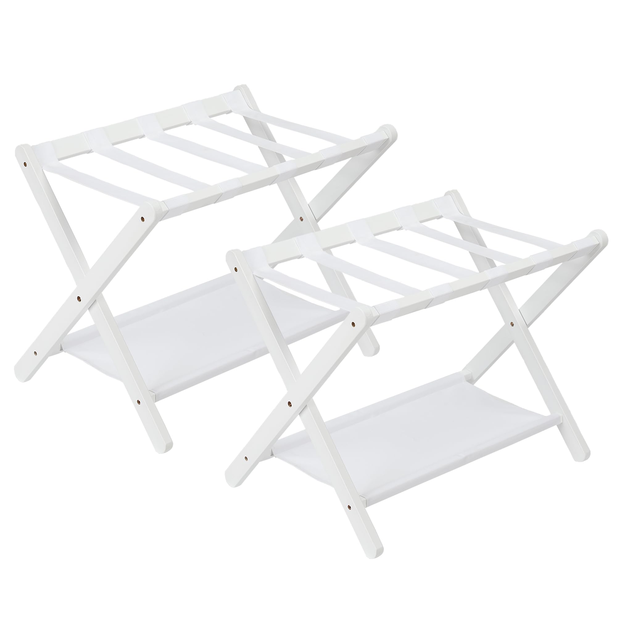 Bambus Gepäckablage Weiß 2er Set, Faltbarer Kofferständer mit Stoffablage für Gästezimmer, Klappbarer Gepäckträger mit Ablagefach, Gepäckständer 67x47x51cm 5,6kg