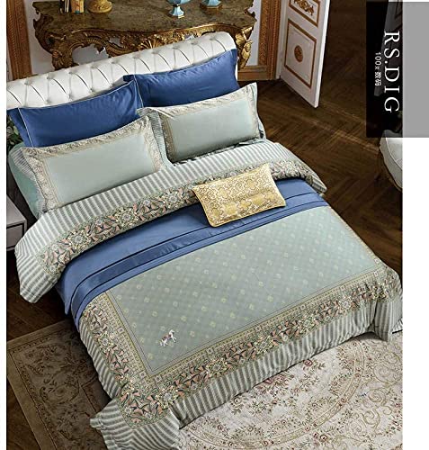 XUETAO Juego de Ropa de Cama de algodón Egipcio 100S, Ropa de Cama con estandarte de Moda, Ropa de Cama de Alta Densidad, Juego de Cama Azul, Funda de edredón (tamaño Queen Azul 4 uds)