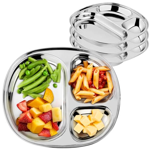 Image of Ahimsa Stainless Steel Plates for Kids - Divided Plates for Toddlers, Pediatrician Designed, Non Toxic Toddler Plate, Camping Plate, BPA Free & Dishwasher Safe (Set of 4)