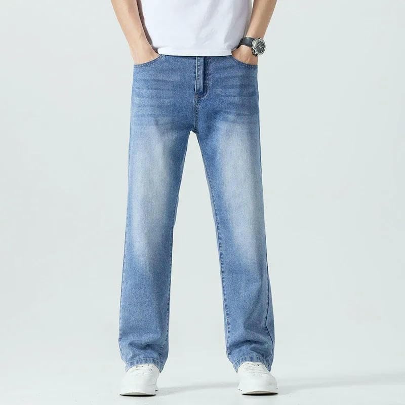 Men's Straight Jeans Summer Thin Solid Color Washing Blue Business Casual Trousers Male Brand Loose Denim Pants2