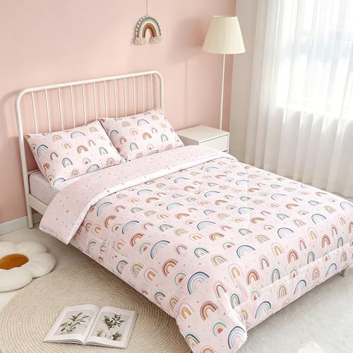 Image of Twin Size Toddler Bedding Set for Girls 5 Piece Toddler Girl Bedding, Super Soft Toddler Comforter Set Includes Comforter, Flat Sheet, Fitted Sheet, Pillowcase (Pink Cute Rainbow)