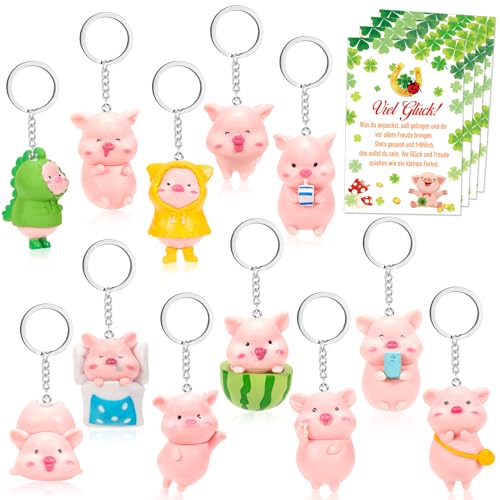 DPKOW 12 piezas de cerditos de la suerte Amuleto de la suerte para Nochevieja, llavero amuleto de la suerte para Año Nuevo, con tarjetas de Año Nuevo, regalos de Año Nuevo