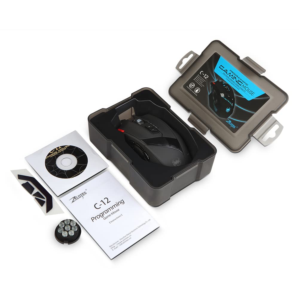zelotes Professiona Souris de jeu filaire, 4800 DPI, 12 boutons programmables, réglage du poids, haute précision, rétroéclairage multi-modes, design ergonomique, souris optique USB pour ordinateur