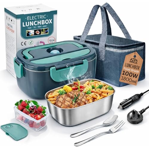 100W Electric Lunch Box for Adults 1.8L Heated Lunch Box Hot Food Warmer 12/24/220V Portable Fast Heat Lunchbox with SS Container Thermal Bag Car & Home Food Heater for Work Truck Office Travel