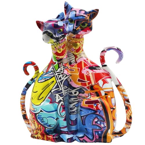 BZHIB Lot de 2 statues colorées de couple de chats, cadeaux pour amoureux des chats, figurines artistiques pour décoration de maison et de bureau, accessoires de bureau, 21,3 x 25,4 cm (A, taille