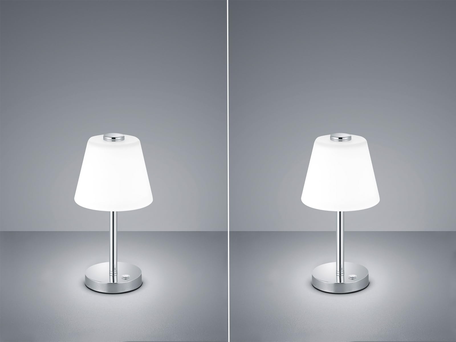 Juego de 2 lámparas LED de mesa Touch en cromo con un cristal de color blanco.