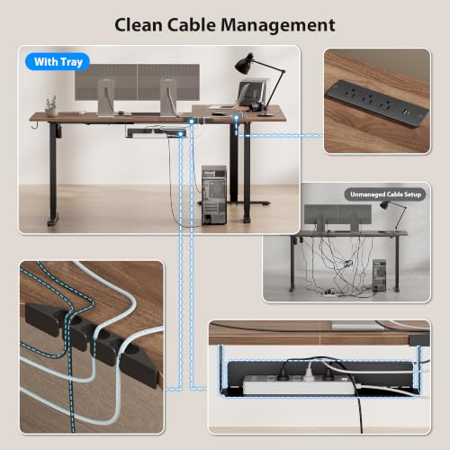 Image of 63 Inch L Shaped Electric Standing Desk, Corner Workstation, Dark Walnut | 3 AC outlets, 2 USB ports, cable tray, cord clips, 3 memory presets, anti-collision and 176 lb capacity for home office.