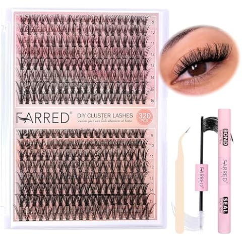 FARRED Lash Clusters Kit Wispy Individual Lashes Extensions 9-16MM Natural 30D+40D Eyelash Cluster 320PCS with Lash Bond and Lash Seal and Lash Tweezers DIY Waterproof Eyelash Extensions Kit Cover