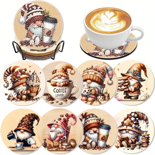 Clendo 8 Pcs Coffee Gnome DIY 5D Small Diamond Painting Coasters Kit - Round, Acrylic & Cork, Coffee