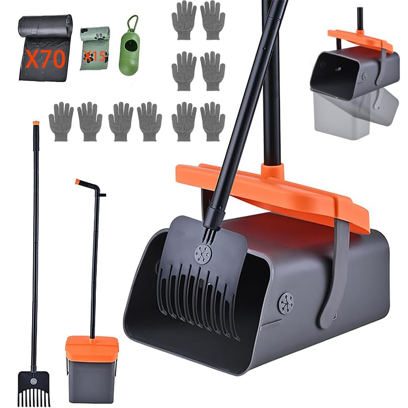 Pá coletora para fezes de cães com rastelo e cabo ajustável de 116,84 cm Puredestiny, 85 sacos