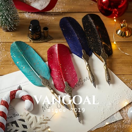 Image of VANGOAL Vintage Carving Feather Pen Set, Glittering Quill Pen Set Antique Calligraphy Writing Dip Pen with Ink, 2 Nibs, Pen Stand Base, Luxury Vintage Signature Pen (Red)