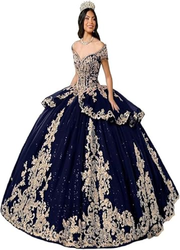 Robe de Quinceanera en tulle pailleté de luxe bleu marine taille 38
