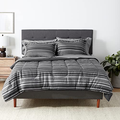 Amazon Basics Full/Queen Comforter Set with Sheets, 7-Piece Gray Calvin Stripe Bedding, Lightweight Microfiber Bed-in-a-Bag, Striped