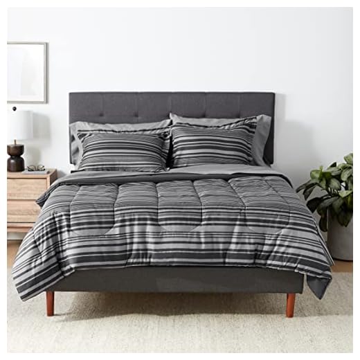 Amazon Basics Full/Queen Comforter Set with Sheets, 7-Piece Gray Calvin Stripe Bedding, Lightweight Microfiber Bed-in-a-Bag, Striped