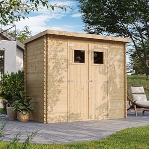 TIMBELA Tuinhuis van hout, M310, buitenopslag, 239 x 144 x 200 cm, 2,6 m² – klein tuinhuis voor gereedschap, fietsenstalling – waterdicht dak, ramen