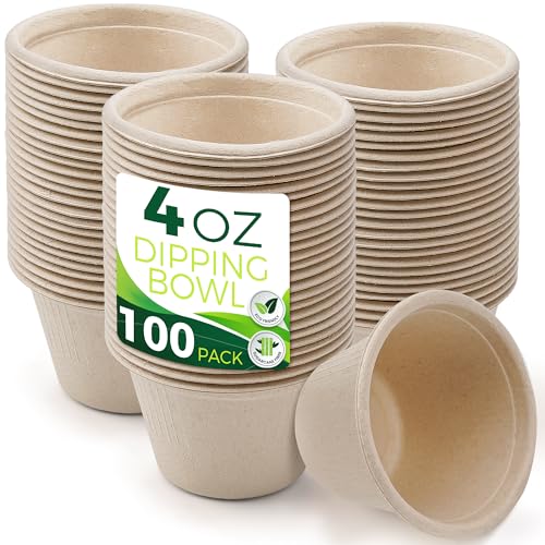 BIRCHIO 4oz Disposable Paper Cups [100-Pack] Sturdy Small/Mini Paper Cups/bowls Perfect for Dip Sauce Tasting and Snacks 100% Compostable Sample Cups