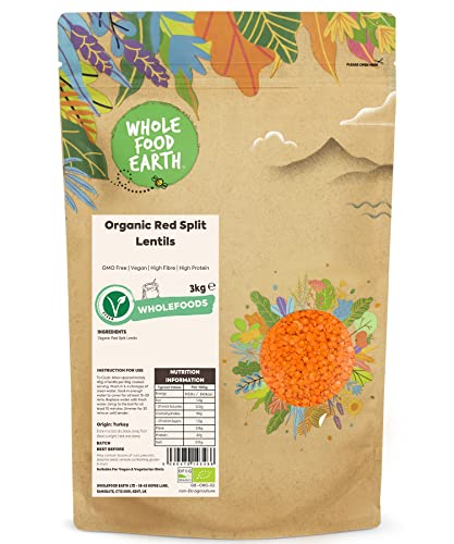 Wholefood Earth Lentejas Rojas Partidas Orgánicas 3kg | Sin OGM | Veganas | Ricas en fibra | Ricas en proteína | Certificadas orgánicas