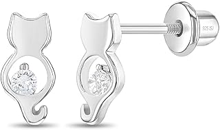 925 Sterling Silver Clear Cubic Zirconia Young Girls Kitten Screw Back Earrings - Kitty Cat Animal Lover Screw Backs for Young Girls, Toddler & Pre teens