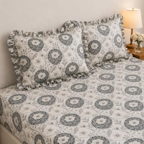 Image of King Size Fitted Bedsheet for Double Bed | 300 TC Cotton Feel Microfiber | All Around Elastic with 2 Frill Pillow Covers | Soft & Durable | (Design9, Fitted - 72 x 78 Inch King)