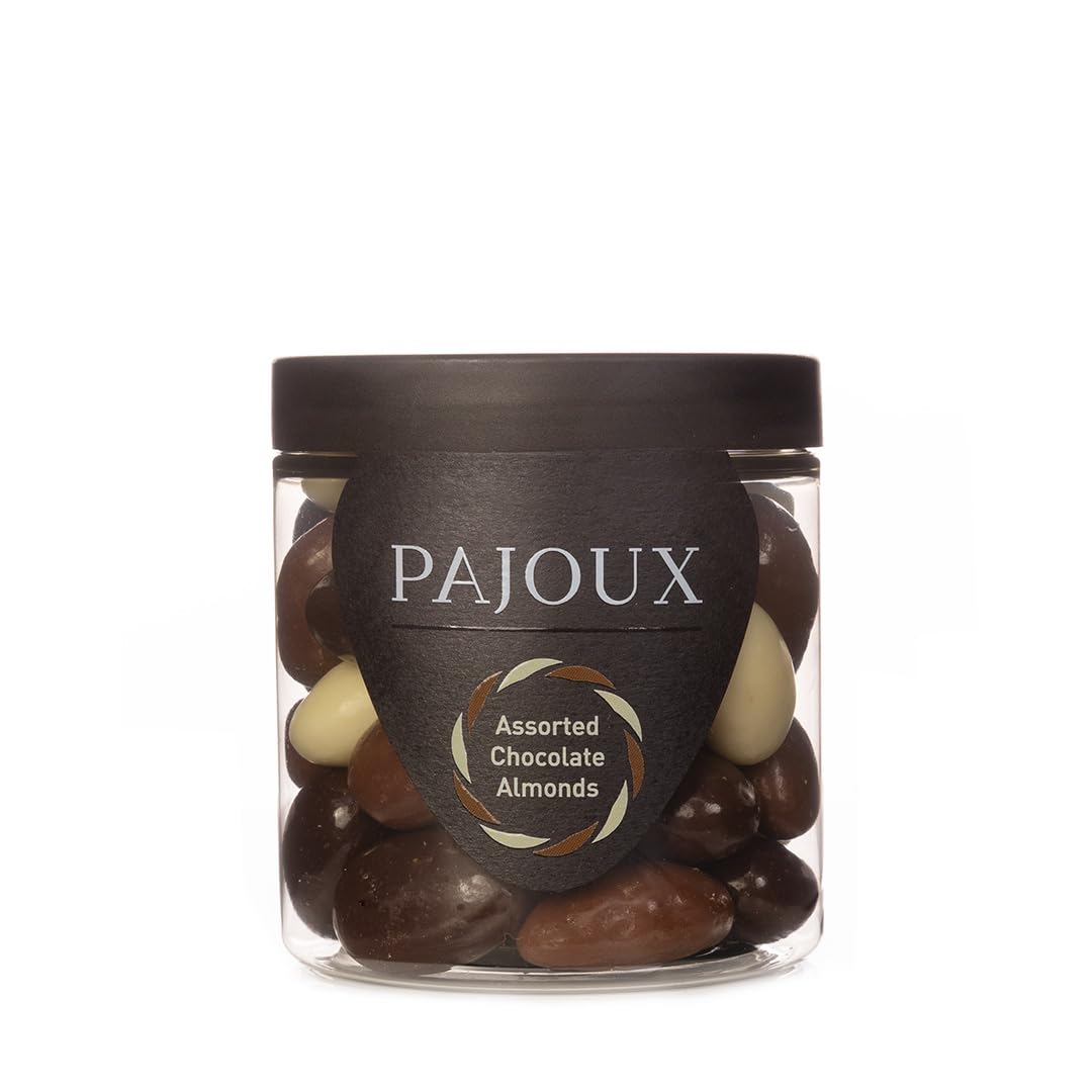 Pajoux Assorted Chocolate Almonds (Small) 180g | Dark, Milk and White Chocolate Covered Almonds - Whole Almond Nuts - Palm Oil Free - Chocolate in a Gift Jar