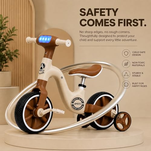 Image of Stardust 3-in-1 Tricycle for 2-5 Years - Kids Cycle for Boy & Girl - Convertible Balance Bike & Bicycle with LED Light, Music & Foldable Training Wheels - Ride On Toy (Brown)