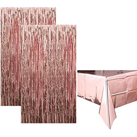 Rorchio Rose Gold Metallic Tinsel Curtains Foil Fringe Curtains and Foil Tablecloth for Birthday Wedding Party Cover
