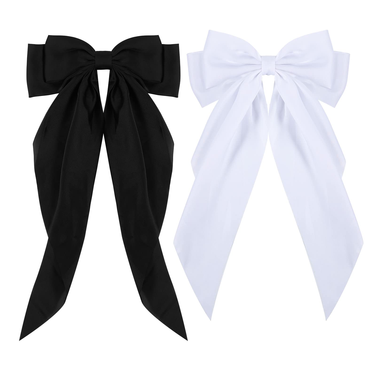 White and Black Long Tail Bow Hair Ties, Classy Women Girl Hair Styling Accessories, 90s Vintage Big Satin French Style Headdress Decor, Gift Hair Bows Spring Clip for Mom Teen Toddler Girl Stuff