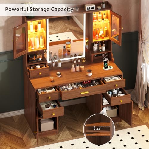 Image of Vanity Desk with LED Mirror and Lights, Makeup Vanity with RGB Cabinets | Vanity Table with Charging Station and 6 Storage Drawers, Adjustable 3 Mode Mirror Lights, Bedroom Dressing Table for Women