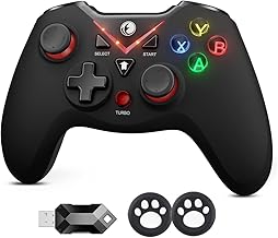 VONE 2.4G Wireless Game Controller, Dual-Vibration Gaming Gamepad Joystick for PC Windows 11 10 8 7 Steam, PS3, Android Phone Tablet TV, Laptop Notebook Computer - Red, 2x White Joystick Caps