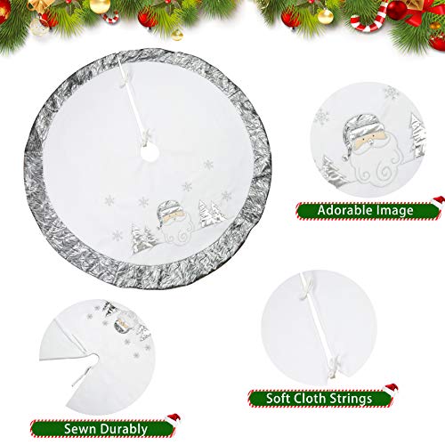 Wewill 36'' Luxury Silvery Christmas Tree Skirt Santa Embroidered White Santa Claus Snowflake With Satin Border Xmas Tree Skirt Christmas Tree Ornaments Gifts #TOP7