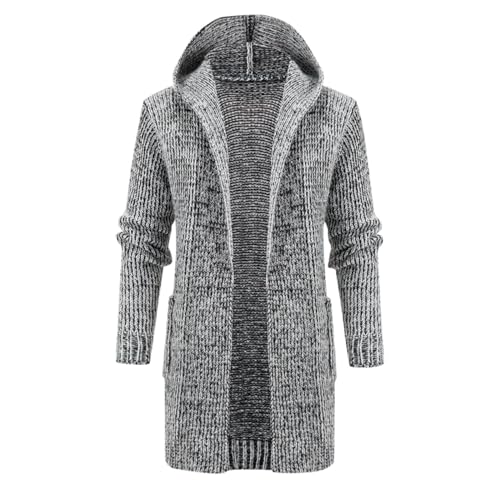 Mens Open Front Cardigan Sweater Lightweight Hooded Knitted Zip Up Long Cardigan Sweaters with Pockets