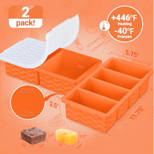 Image of Silicone Freezer Trays with Lid for Soup, 1-Cup & 2-Cup Large Ice Cube Molds Food Storage Containers for Meal Prep, Freeze 500mL /250mL /125mL Portions - 2 Pack