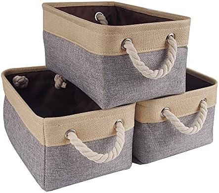 Mangata Canvas Storage Box set of 3, Foldable Fabric Storage Baskets with Handles for Cupboards, Wardrobe, Shelves, Clothes, Toys, Towel, Bathroom(Small, Grey Beige)
