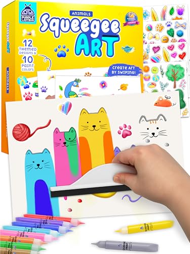 Squeegee Art Kit for Kids - Animals Theme with Kids Painting Kit & Sticker Art - Paint Your Own Arts and Crafts for Kids - Birthday Gifts for Boys & Girls 5 6 7 8 9 - Mess Free Paint Craft Kits