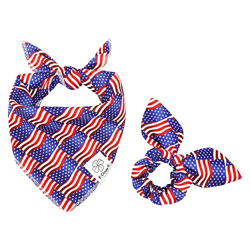 E-Clover 4th of July Dog Bandanas & Matching Scrunchie Set American Flag Dog Scarf Boy for Medium Large Dogs Patriotic Pet Bandana Kerchief Bibs Owner Gifts Blue