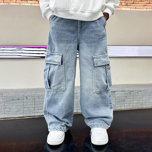 Boys Denim Jeans Pants Casual Baggy Spring Wide Leg Cargo Pants Drawstring Elastic Waistband Loose Fit Lightweight Trousers4