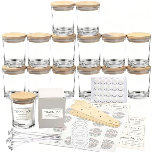 Tel Charme * 15 Pack 7oz Clear Glass Jars with Lids - Airtight Empty Candle Making Containers Bulk Spice Jars Food Storage Containers for Spices Powder DIY Crafts Honey Wedding Favors