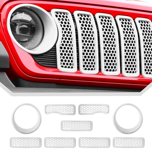 Image of JeCar Mesh Grill Inserts & Headlight Covers Fit for 2024+ Jeep Wrangler JL Grill Covers Trim Accessories (9pcs White)