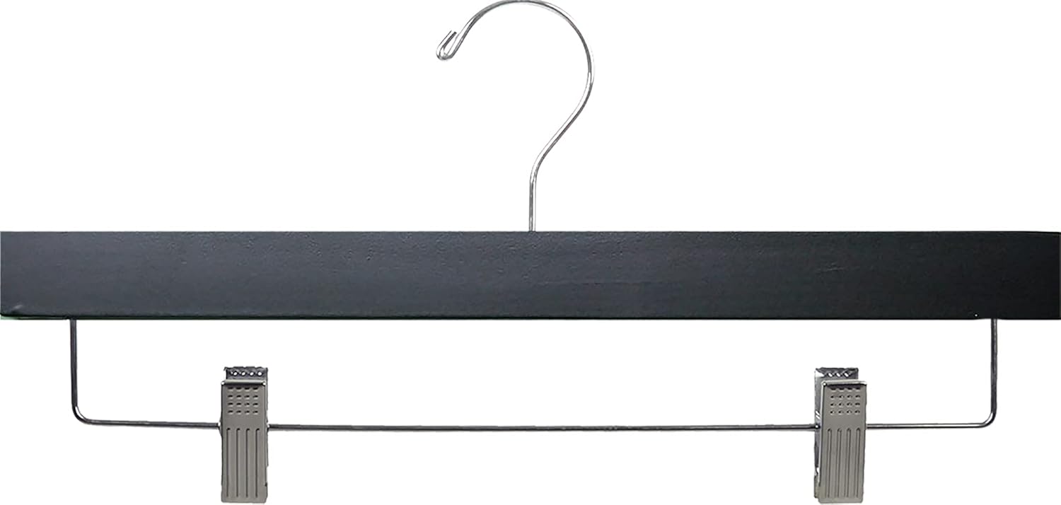 Wooden Bottom Hanger, 100 Pack Matte Black Solid Wood Pants Skirt Hangers with Adjustable Clips