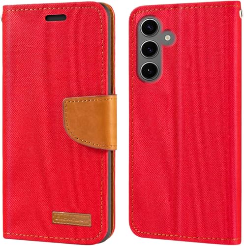 Image of ClickCase Canvas Series for Samsung Galaxy S24 FE 5G Cloth & Pu Leather Wallet Flip Case Kick Stand Magnetic Closure Flip Cover for Samsung Galaxy S24 FE 5G (Red)