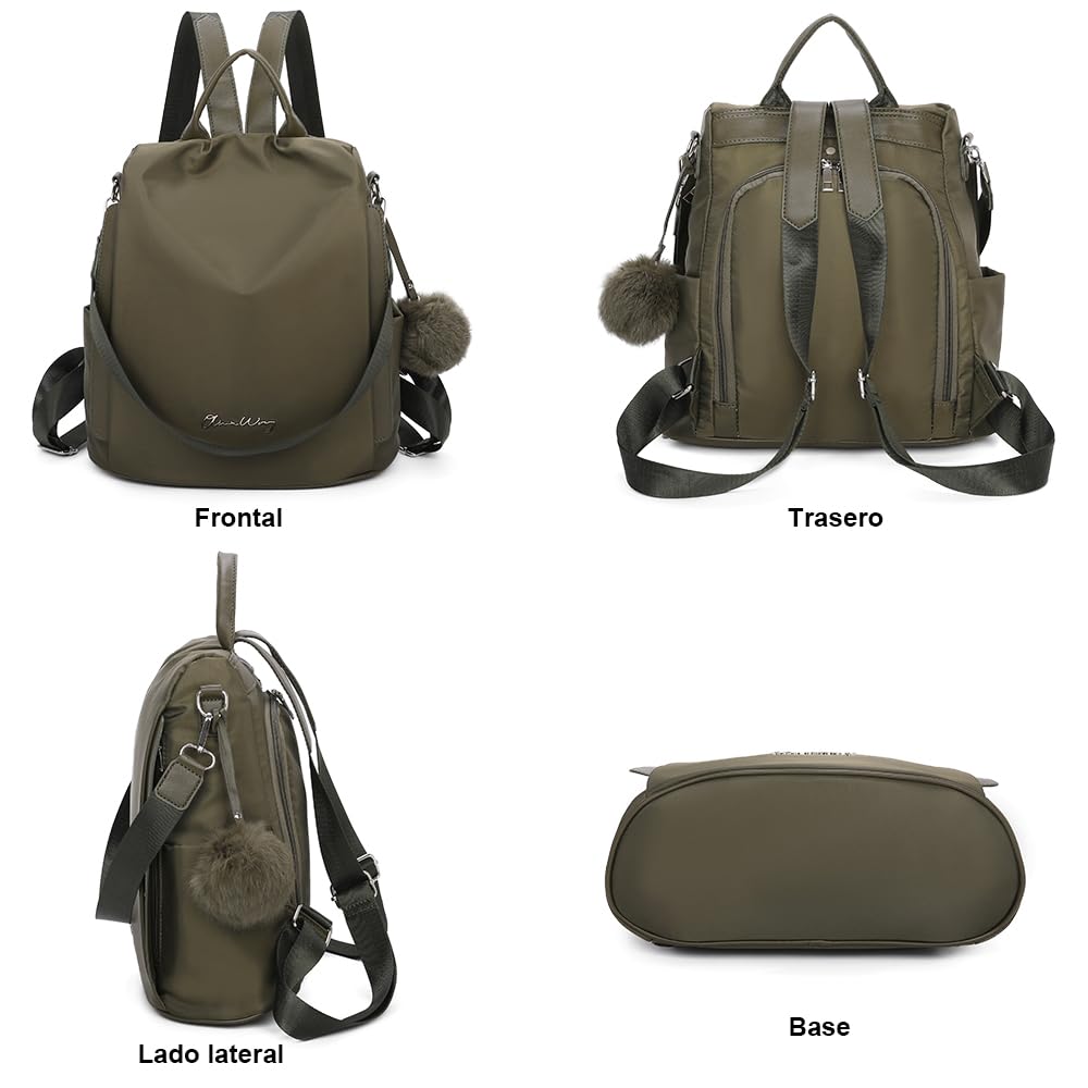 Mochila antirrobo Impermeable para mujer (13L)| Mochila Convertible en bolso con pompom y Asa desmontable de adorno