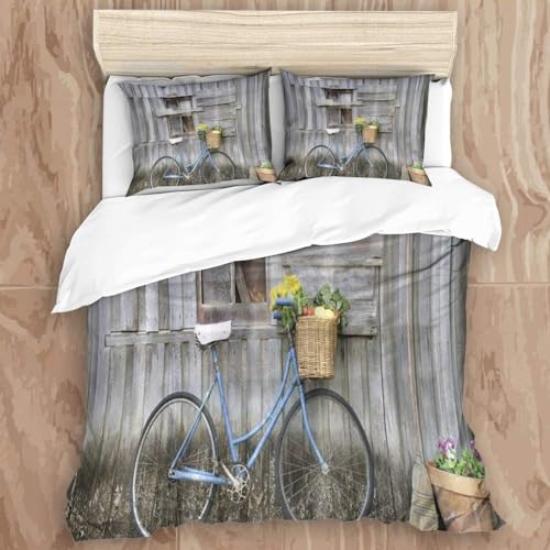 Sezhiqeu Set Copripiumino Singolo Porta in Legno Retrò, Biancheria da Letto Casale di Campagna in Microfibra Morbida, 3d Copripiumino 155x200 cm e 2 Federe con Cerniera E-4568